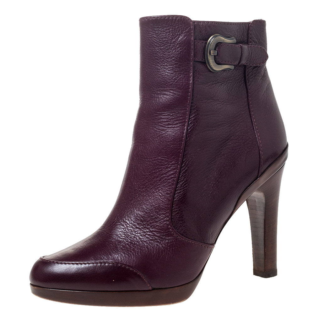 Pre Owned Fendi Burgundy Leather Zip Ankle Boots Size 39