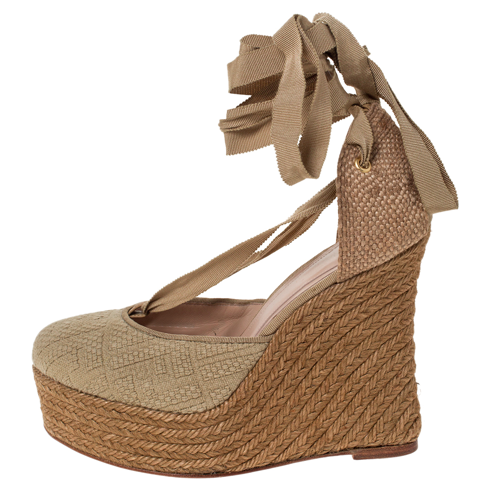 

Fendi Beige Monogram Canvas And Jute Espadrille Wedge Ankle Wrap Platform Sandals Size
