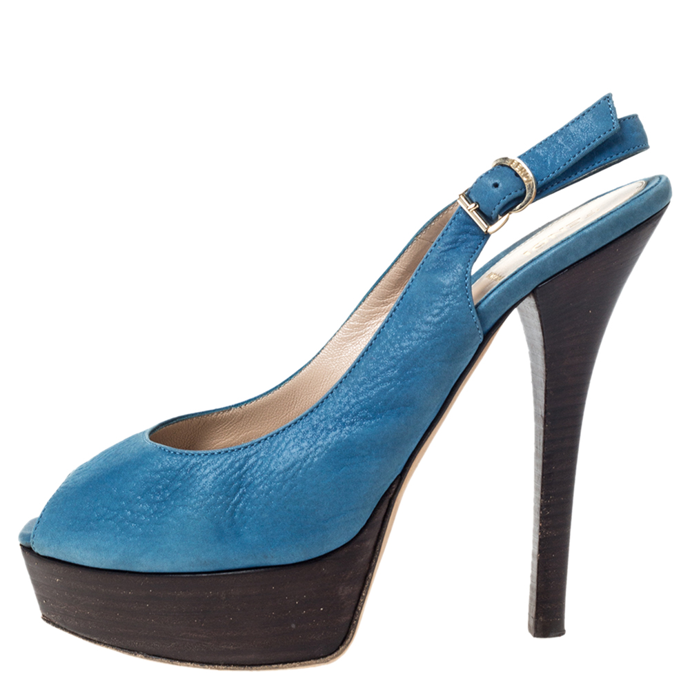 

Fendi Blue Textured Leather Fendista Platform Slingback Sandals Size