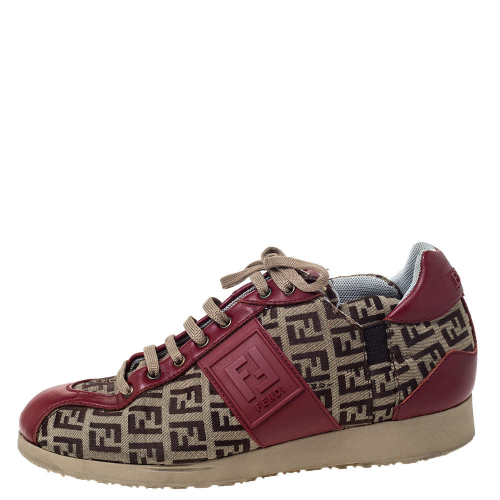 

Fendi Zucca Beige Canvas And Red Leather Lace Up Sneakers Size