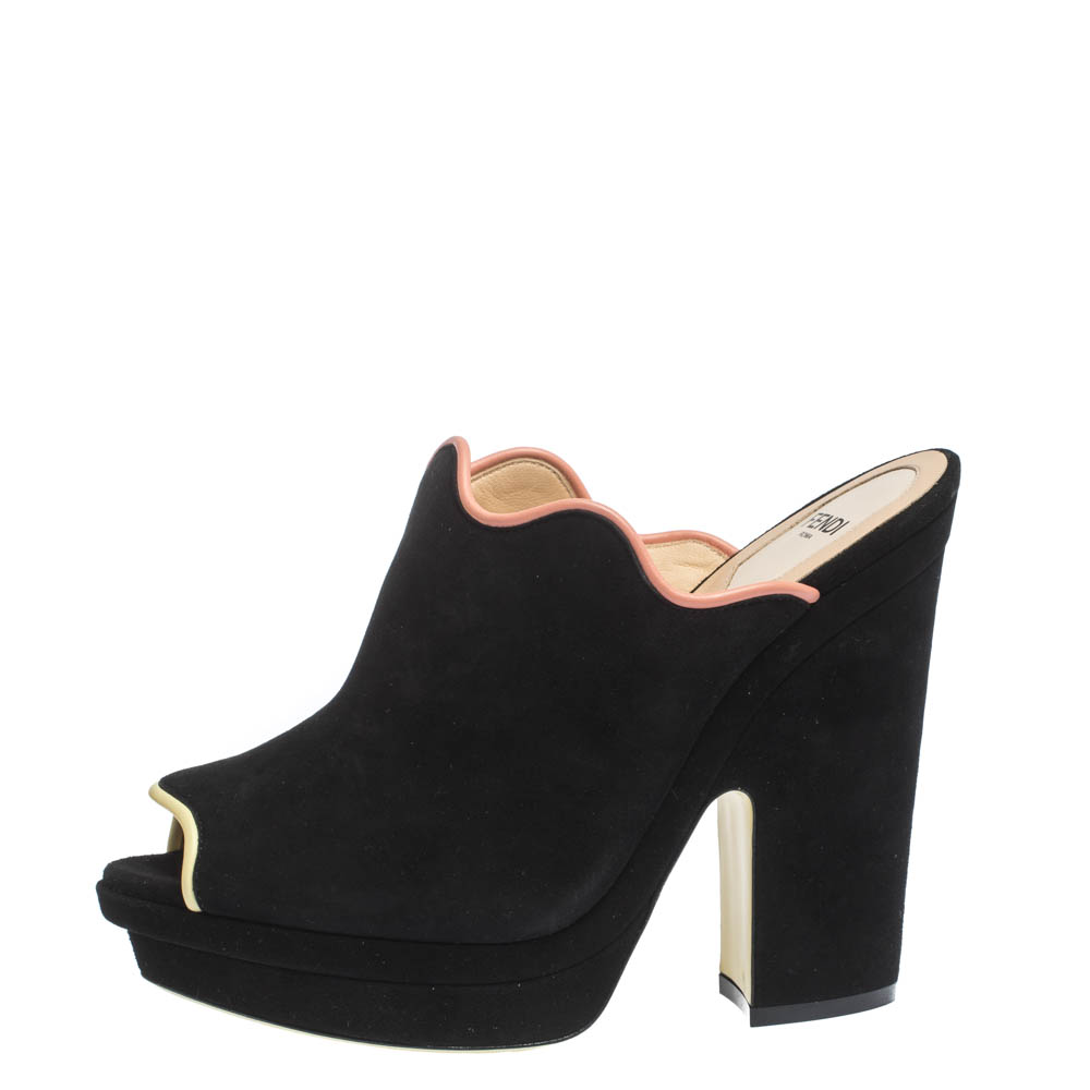 

Fendi Black Suede Leather Wave Platform Mules Sandals Size