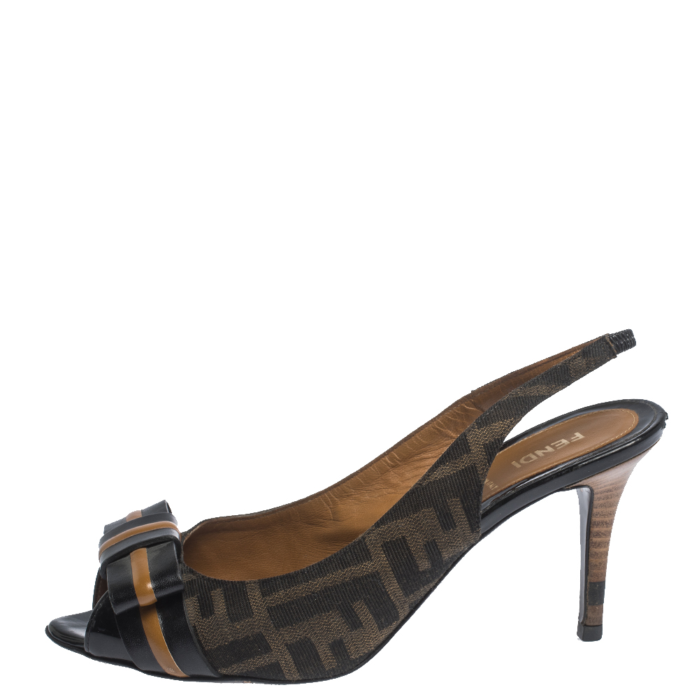 

Fendi Brown Zucca Canvas And Leather Bow Slingback Sandals Size