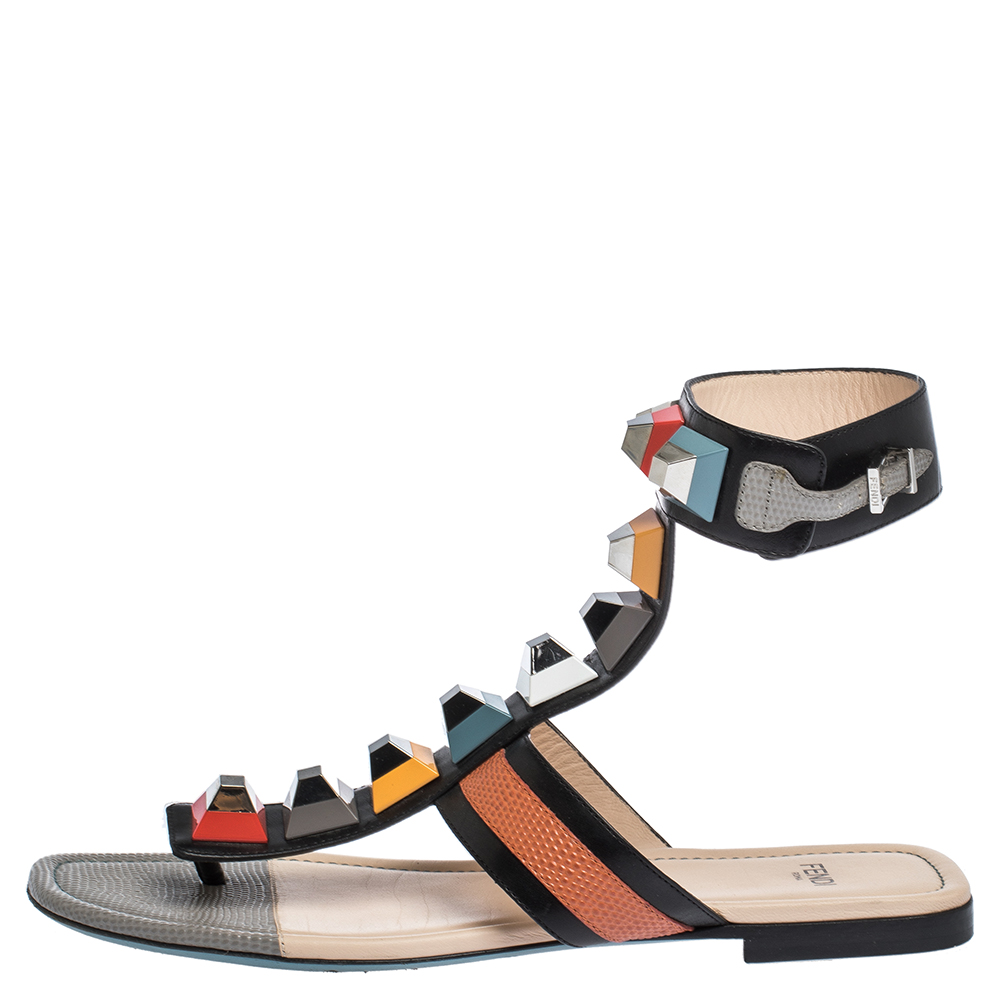 

Fendi Multicolor Lizard Embossed Leather Studded Ankle Cuff Flat Sandals Size