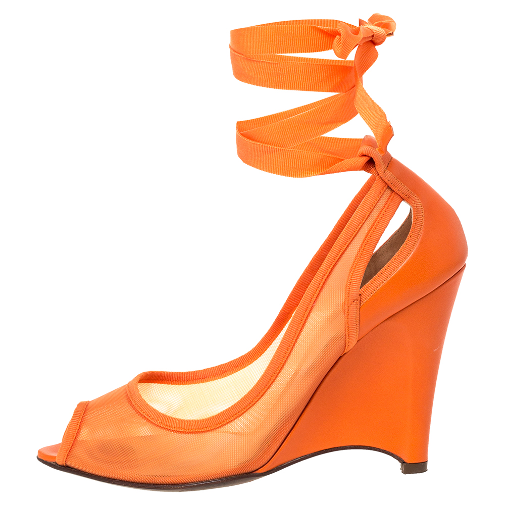 

Fendi Orange Mesh And Leather Peep Toe Cut Out Wedge Ankle Warp Pumps Size