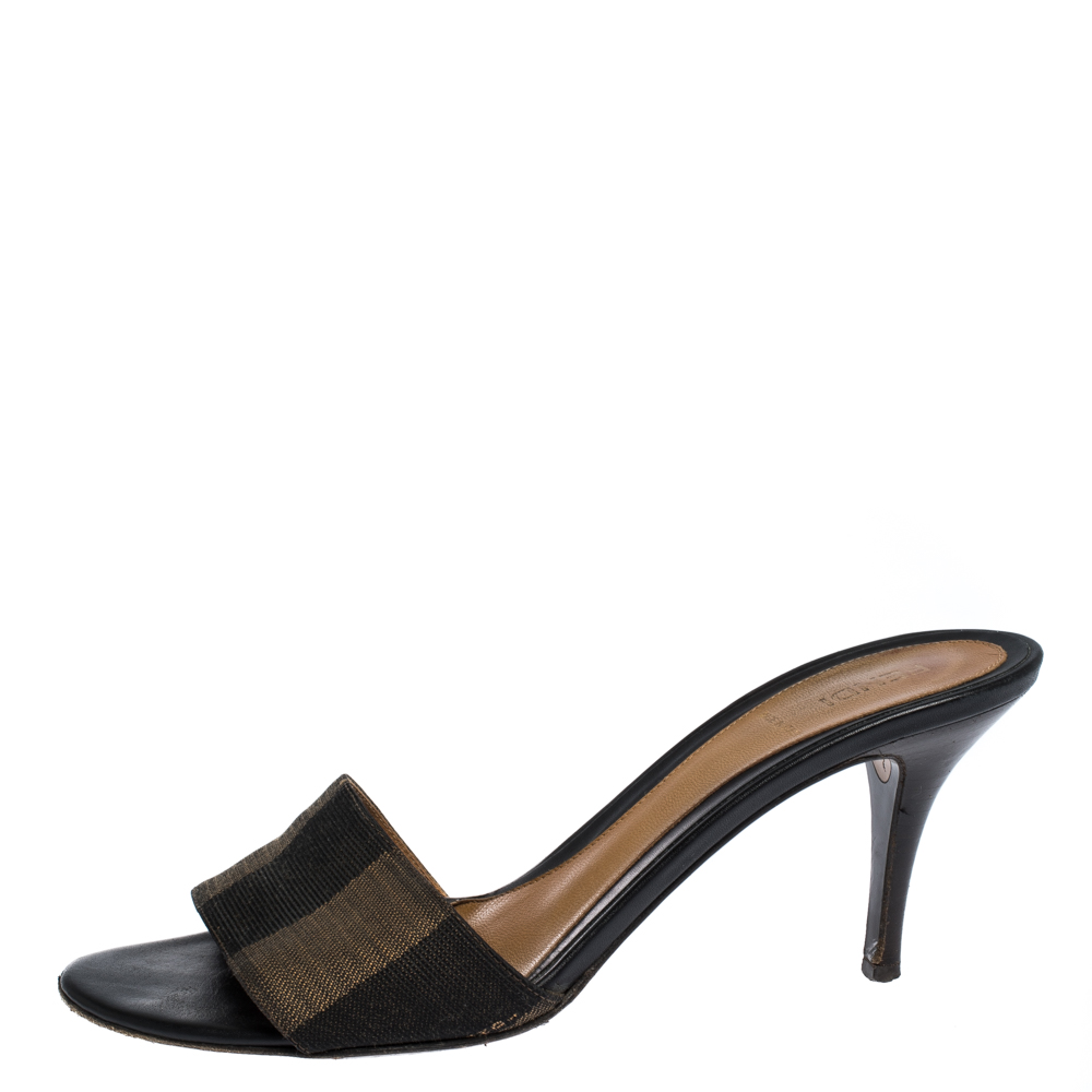 

Fendi Pequin Canvas Open Toe Slide Sandals Size, Brown