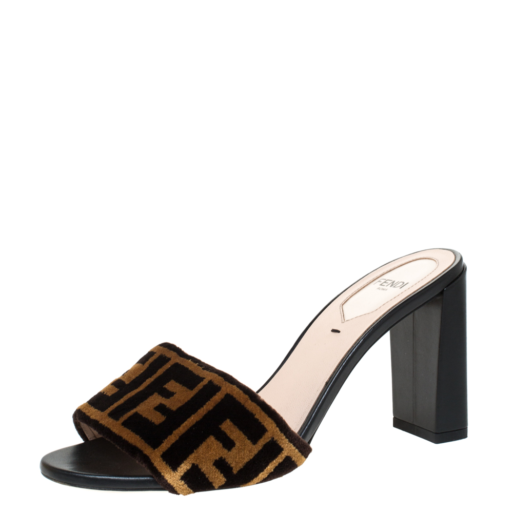 Fendi Brown Zucca Velvet Open Toe Slides Sandals Size 36