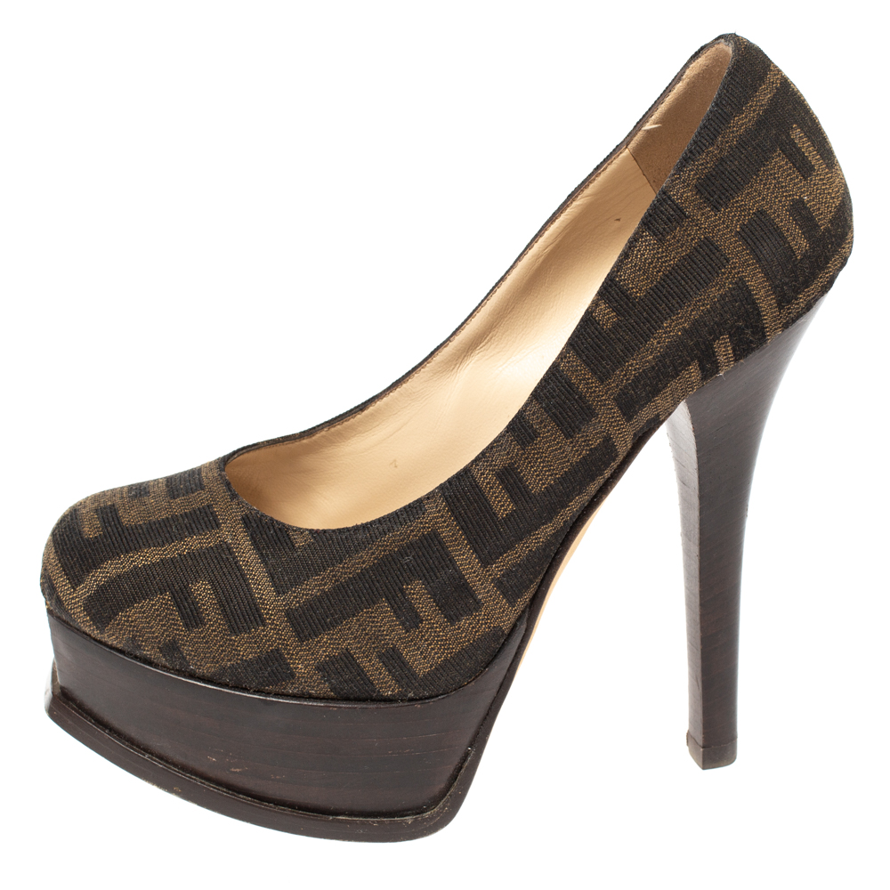 

Fendi Tobaco Zucca Canvas Fendista Platform Pumps Size, Brown