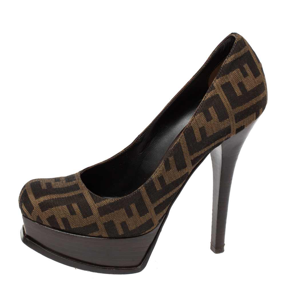 

Fendi Tobacco Zucca Canvas Fendista Platform Pumps Size, Brown