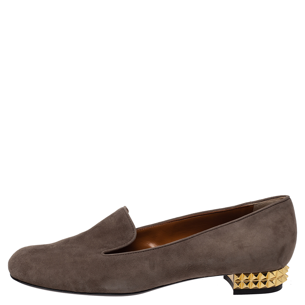 

Fendi Dark Beige Suede Leather Studded Slip On Loafers Size