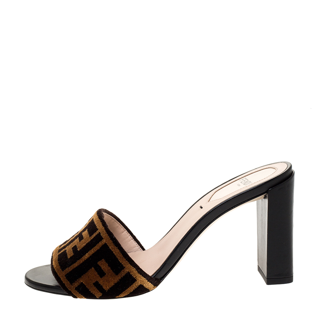 

Fendi Brown Zucca Velvet Slip On Slides Size