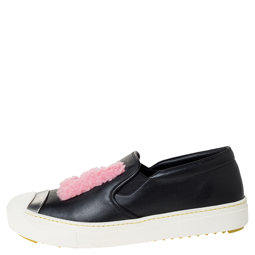 

Fendi Black Black Leather And Shearling Fur Fflynn Slip On Sneaker Size