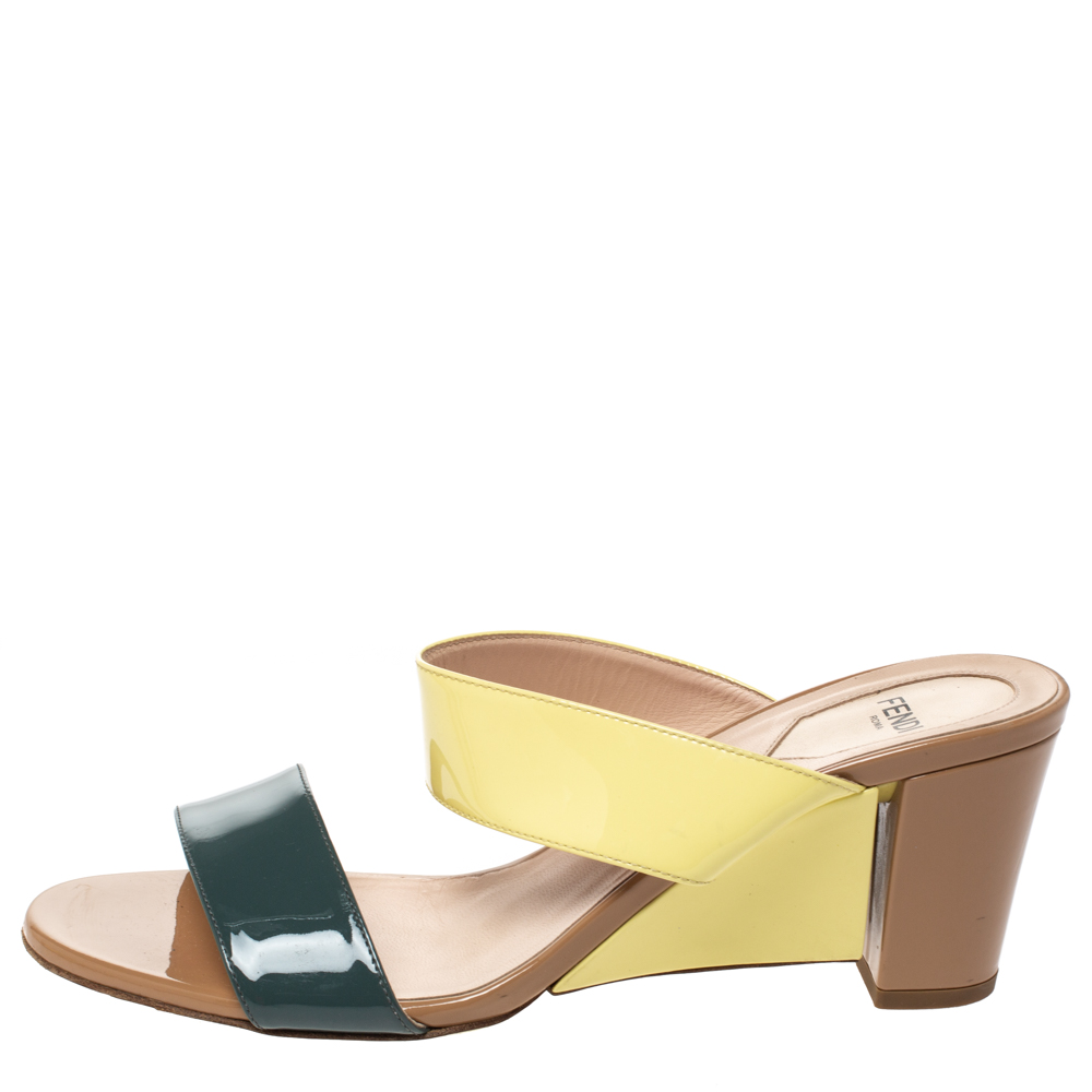 

Fendi Multicolor Patent Leather Wedge Slide Sandals Size