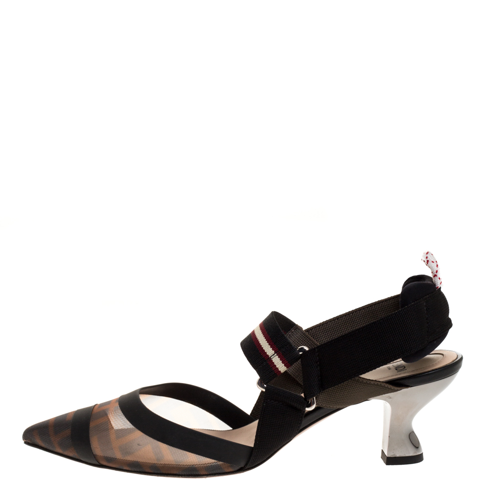 

Fendi Black/Brown Zucca Mesh Colibri Slingback Pumps Size