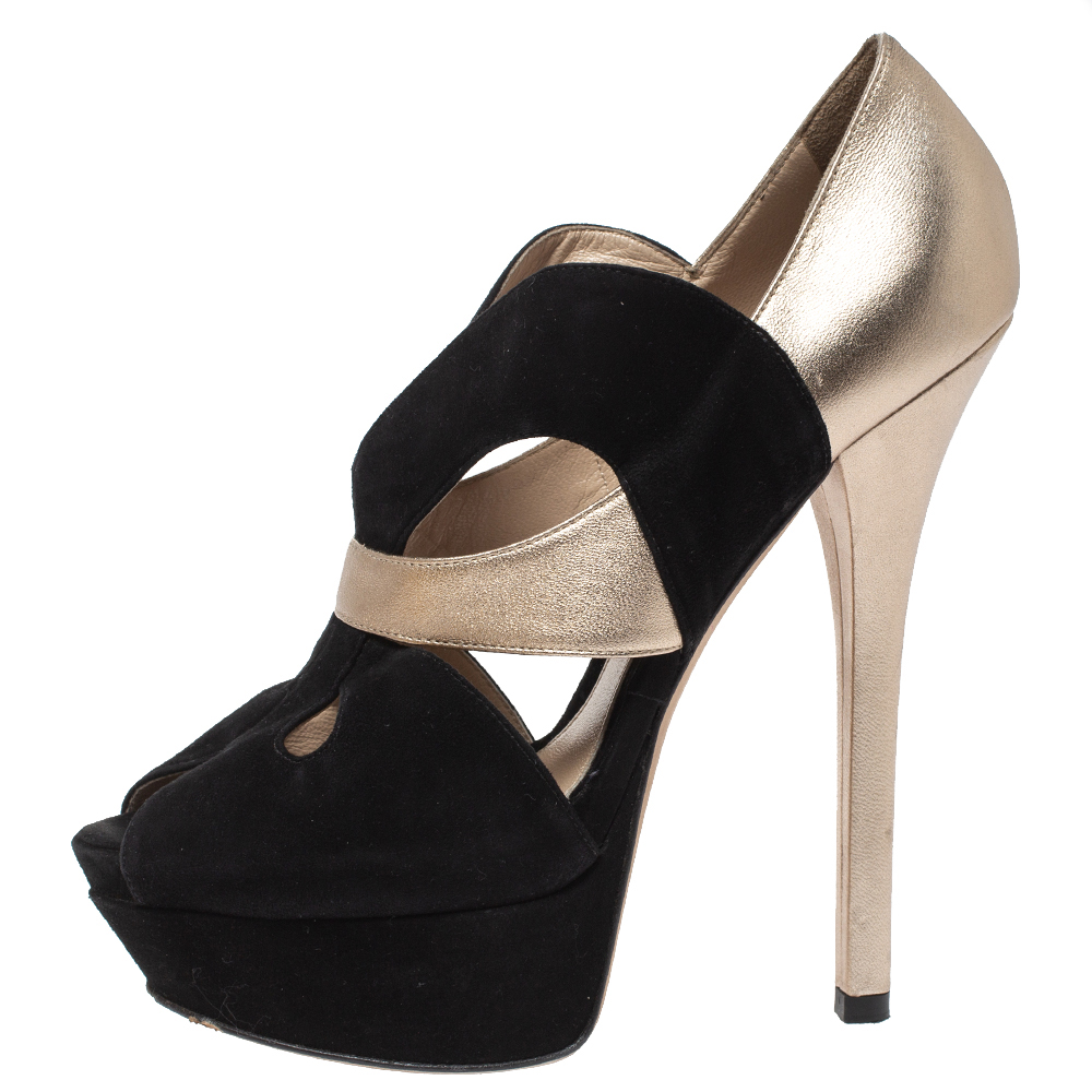 

Fendi Black/Gold Lasercut Suede and Leather Peep Toe Platform Pumps Size