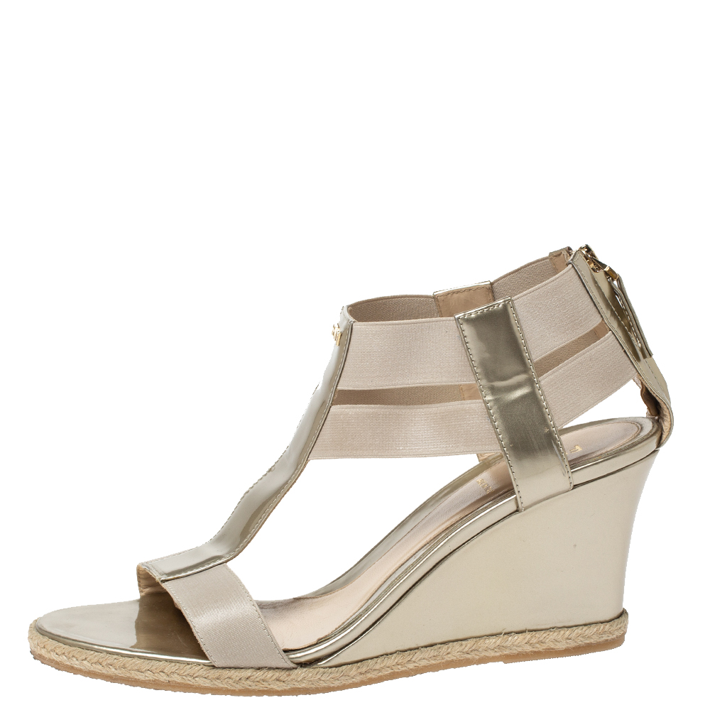 

Fendi Gold Patent Leather And Elastic Fabric T-Strap Espadrille Wedge Sandals Size