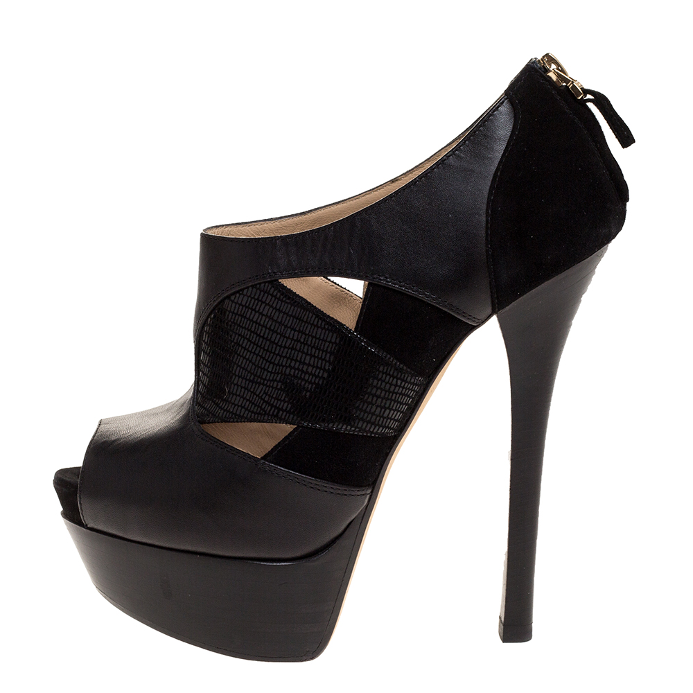 

Fendi Black Suede and Leather Cut-out Peep Toe Platform Booties Size