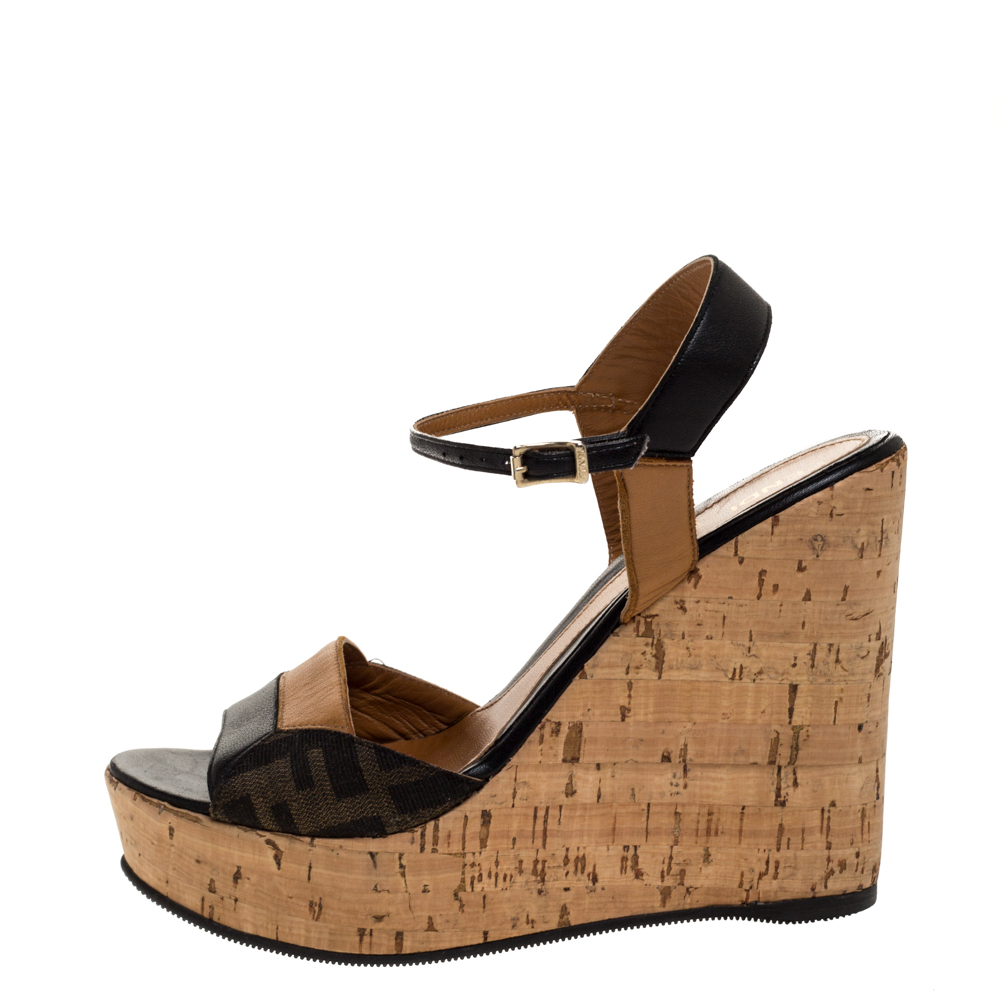 

Fendi Black/Brown Leather and Canvas Cork Wedge Ankle Strap Sandals