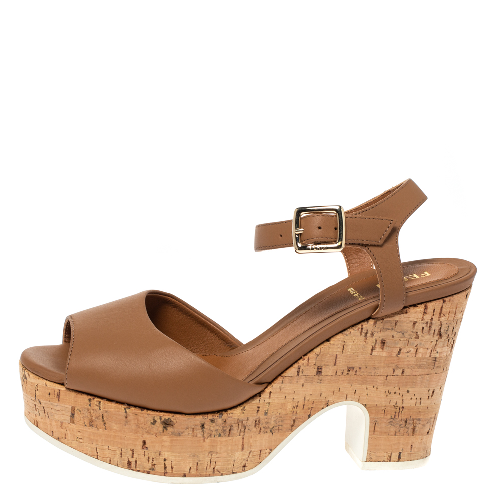 

Fendi Brown Leather Cork Wedge Platform Ankle Strap Sandals Size