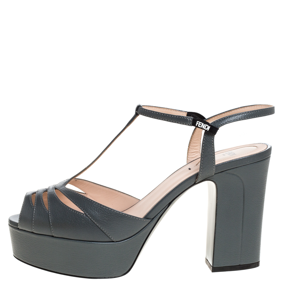 

Fendi Grey Leather T-Strap Cut-out Platform Sandals Size