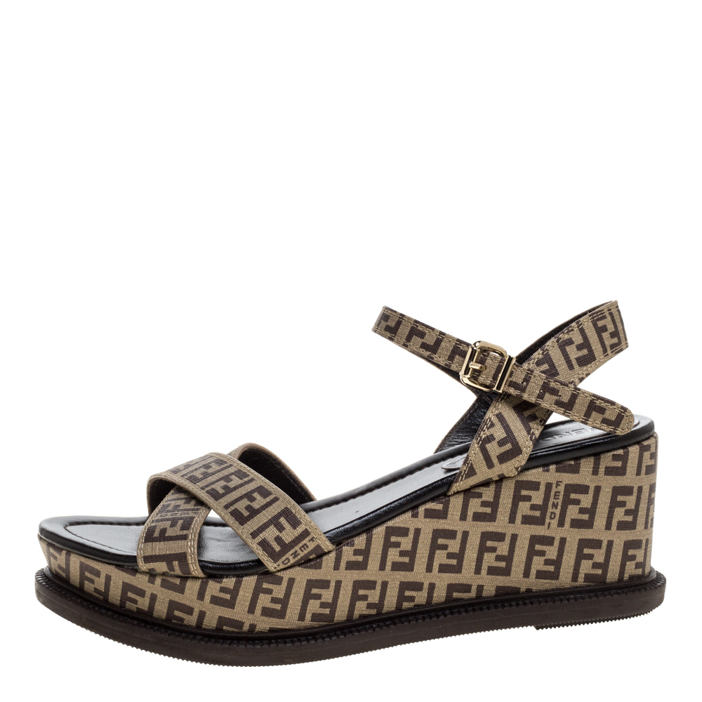 

Fendi Beige/Brown Zucca Canvas Ankle Strap Platform Wedge Sandals Size