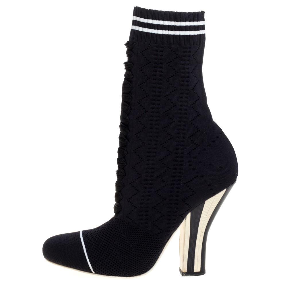 

Fendi Black Knit Fabric Rockoko Runway Openwork Ankle Boots Size