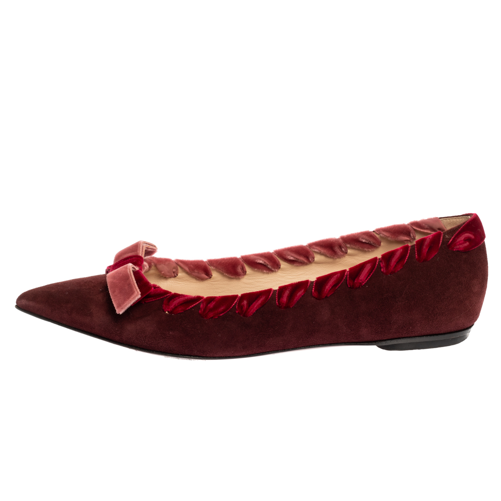 

Fendi Burgundy Suede And Velvet Ribbon Stitch And Bow Detail Pointed Toe Ballet Flats Size