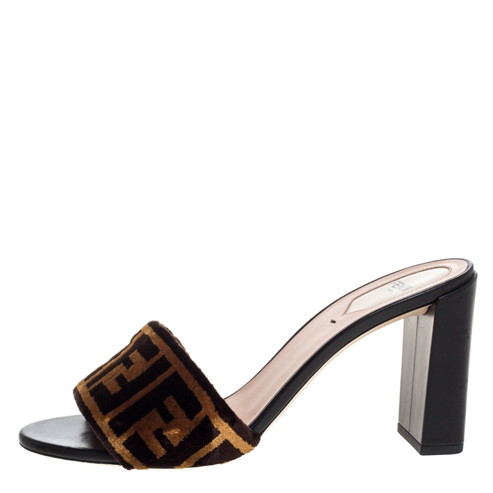 

Fendi Brown Zucca Velvet Slip On Slides Size