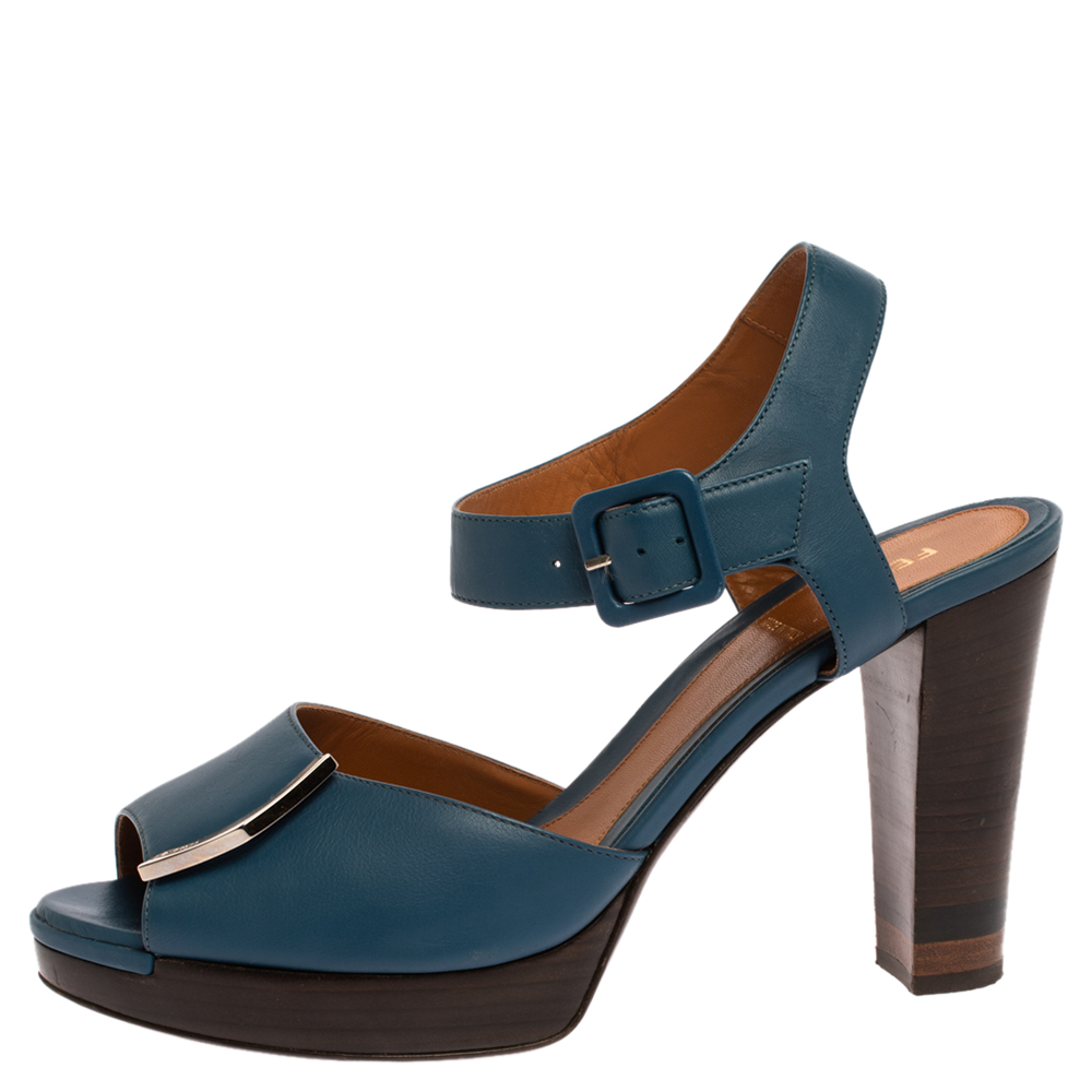 

Fendi Blue Leather Metal Logo Embellished Open Toe Platform Block Heel Ankle Strap Sandals Size