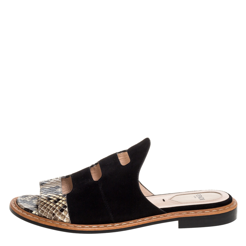 

Fendi Black Suede And Python Cut Out Flat Slides Size