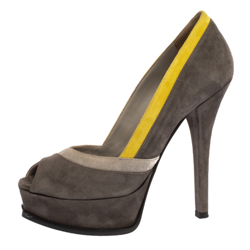 

Fendi Grey Suede Leather Patent Leather Fendista Peep Toe Pumps Size