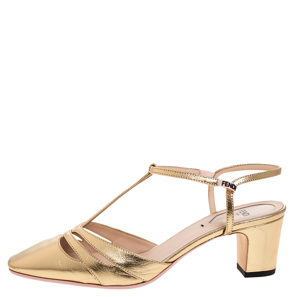 

Fendi Metallic Gold Leather T Strap Block Heel Sandals Size