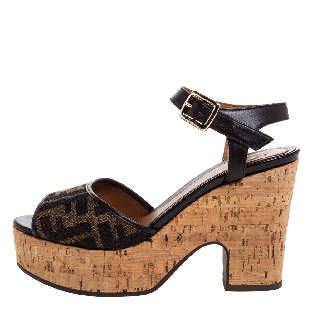 

Fendi Tobacco Zucca Canvas and Leather Cork Wedge Platform Ankle Strap Sandals Size, Brown