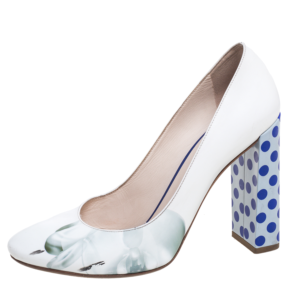 

Fendi White Floral Print Leather Polka Dots Block Heels Pumps Size