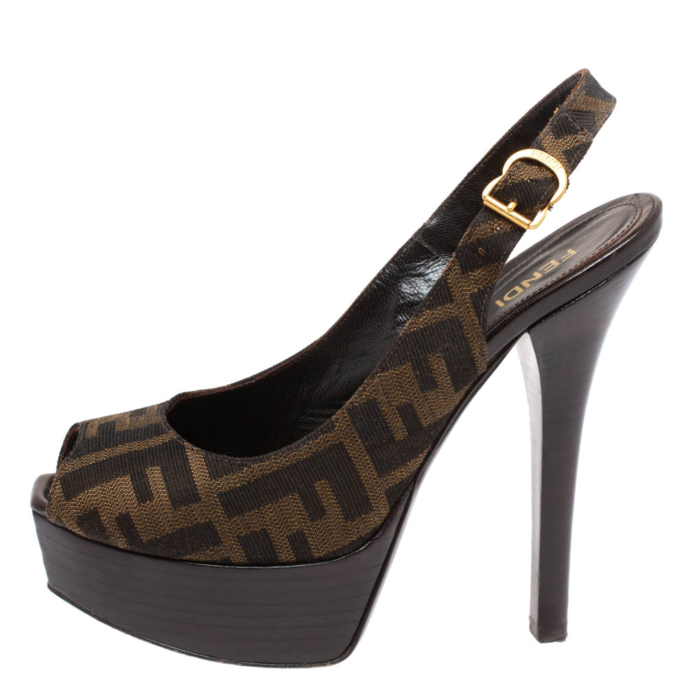 

Fendi Tobacco Zucca Canvas Peep Toe Platform Sandals Size, Brown