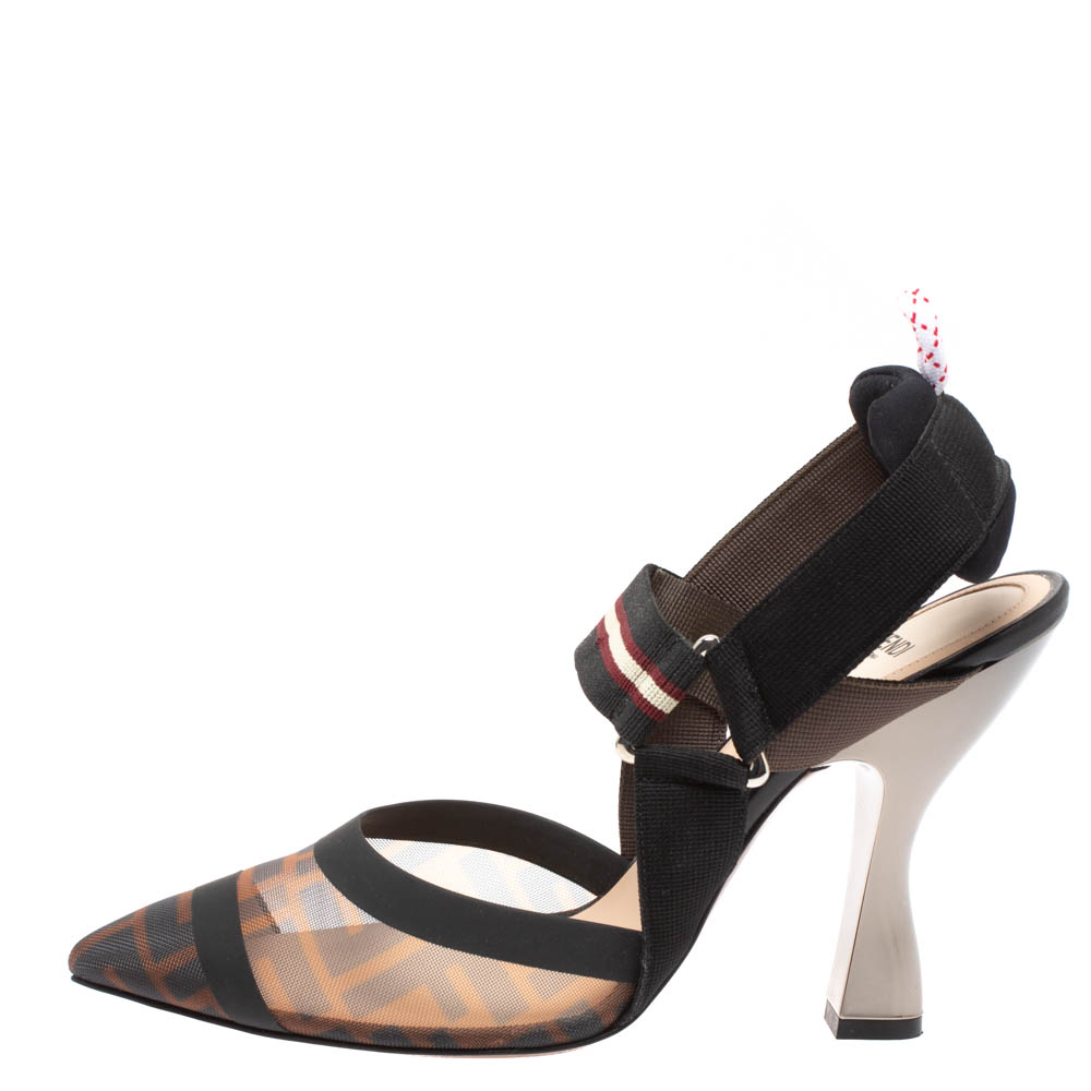 

Fendi Black/Tobacco Zucca Mesh Colibri Slingback Pumps Size