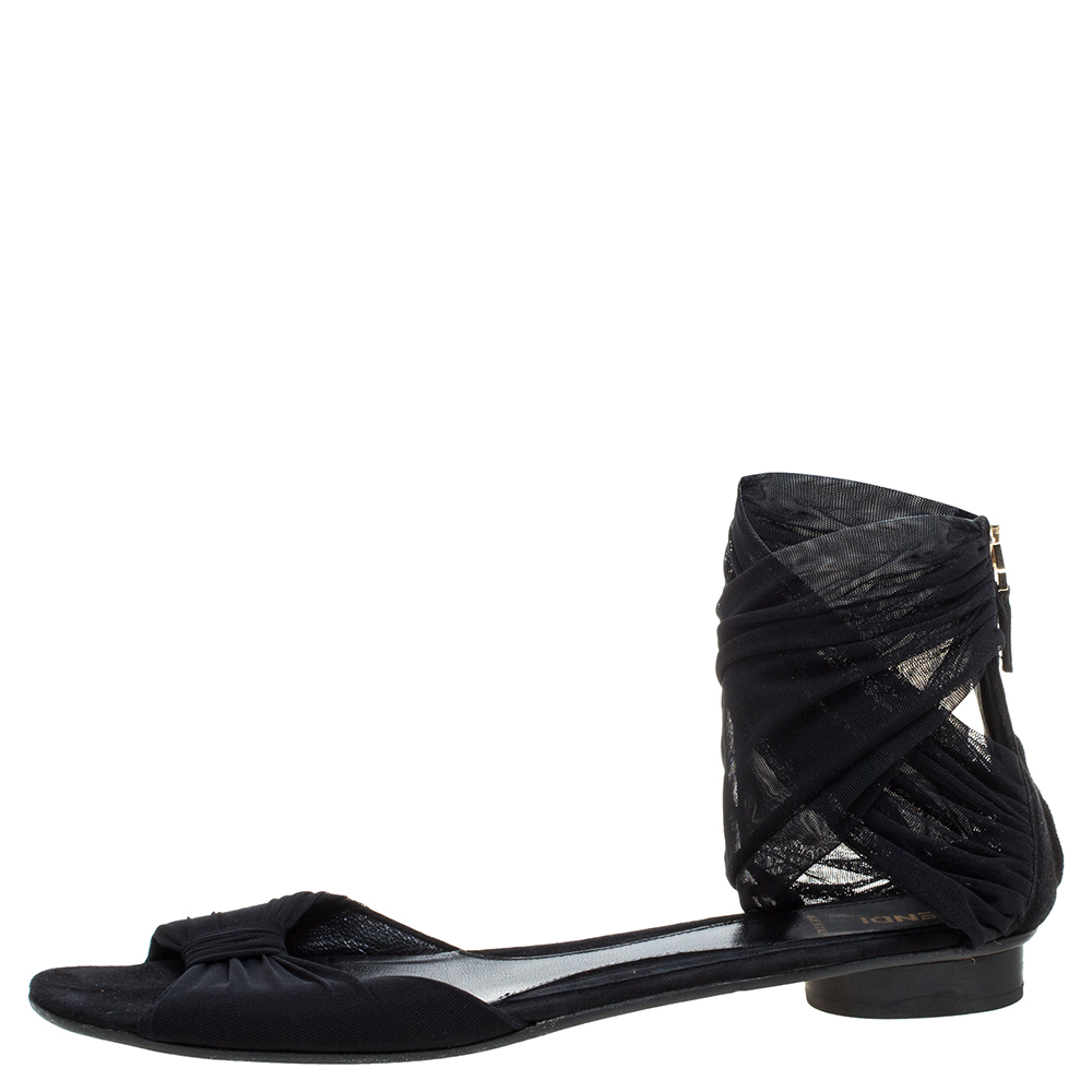

Fendi Black Suede And Stretch Mesh Fabric Ankle Wrap Flat Sandals Size