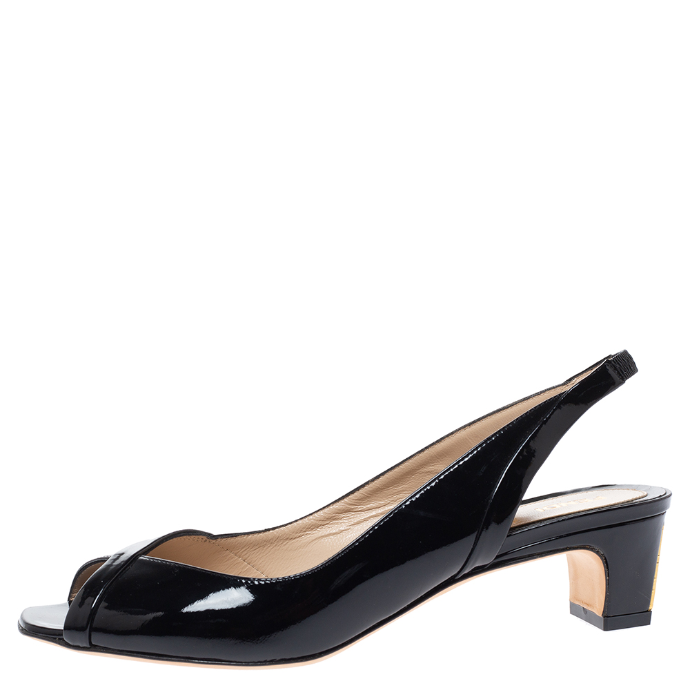 

Fendi Black Patent Leather Wedge Slingback Sandals Size
