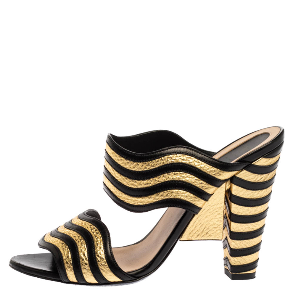 

Fendi Gold/Black Striped Wave Leather Block Heel Sandals Size