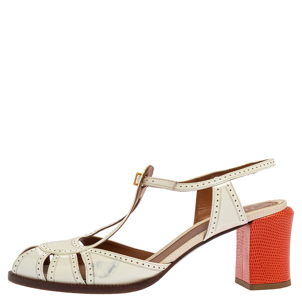 

Fendi White Cut-Out Patent Leather And Orange Lizard Block Heel Peep Toe Sandals Size