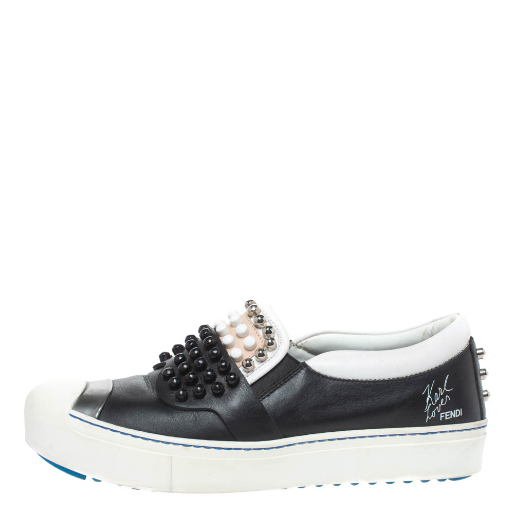 

Fendi Black Leather Karlito Studded Slip-on Sneakers Size