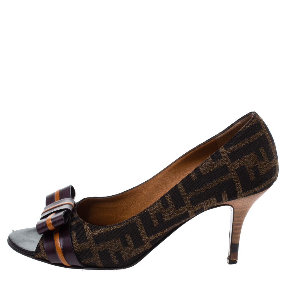 

Fendi Tobacco Zucca Canvas and Leather Bow Peep Toe Pumps Size, Brown