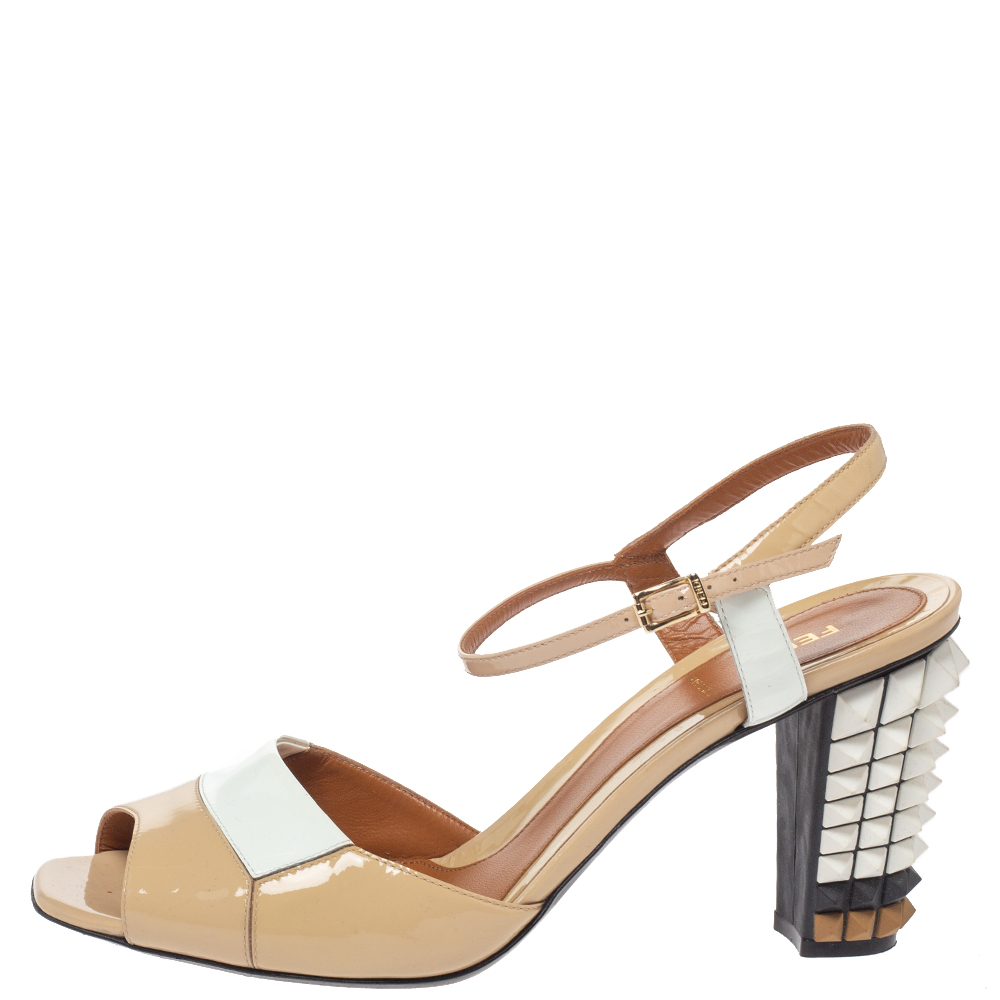 

Fendi Two Tone Patent Leather Polifonia Studded Heel Ankle Strap Sandals Size, Beige