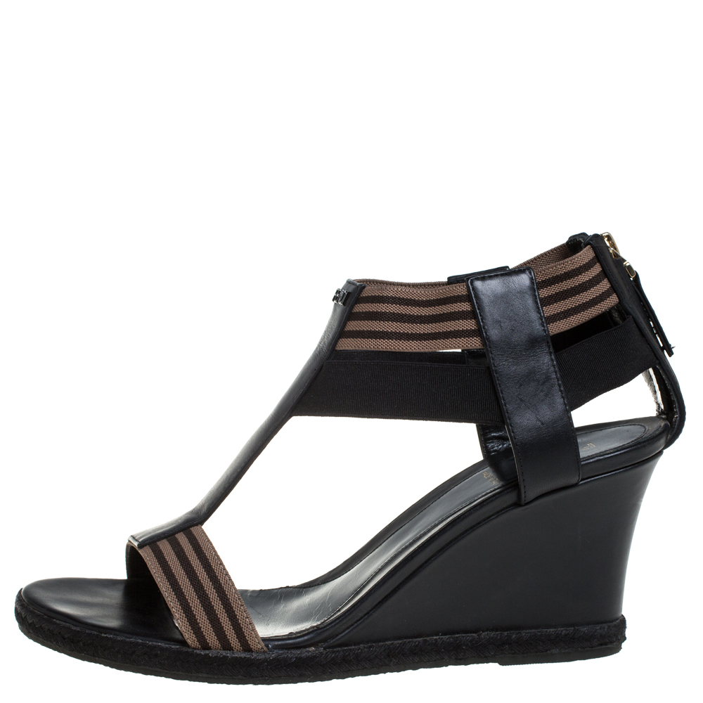 

Fendi Black/Brown Leather And Elastic Fabric T-Strap Espadrille Wedge Sandals Size