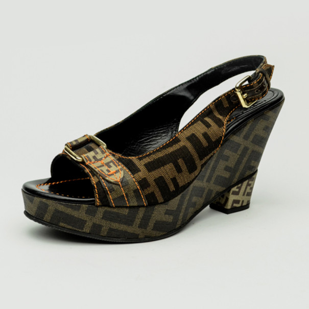 Pre Owned Fendi Zucca Canvas Slingback Sandals Size 38