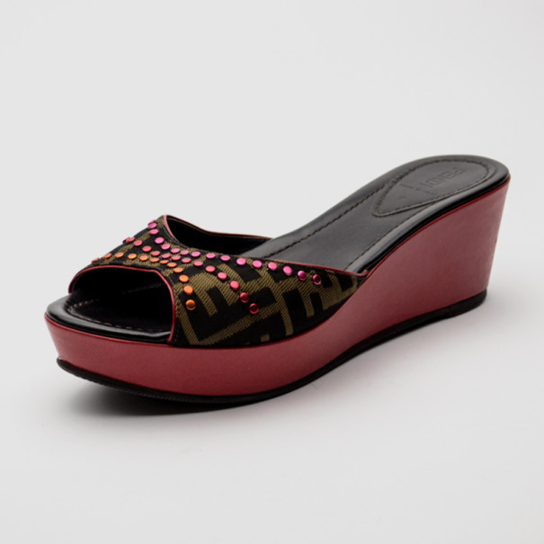 Pre Owned Fendi Zucca Canvas Studded Wedges Slides Size 41