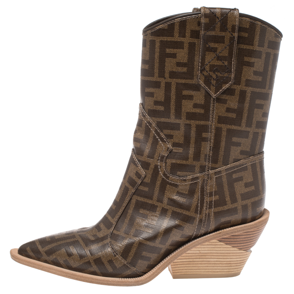 

Fendi Brown FF Logo Coated Canvas Wooden Heel Ankle Boots Size