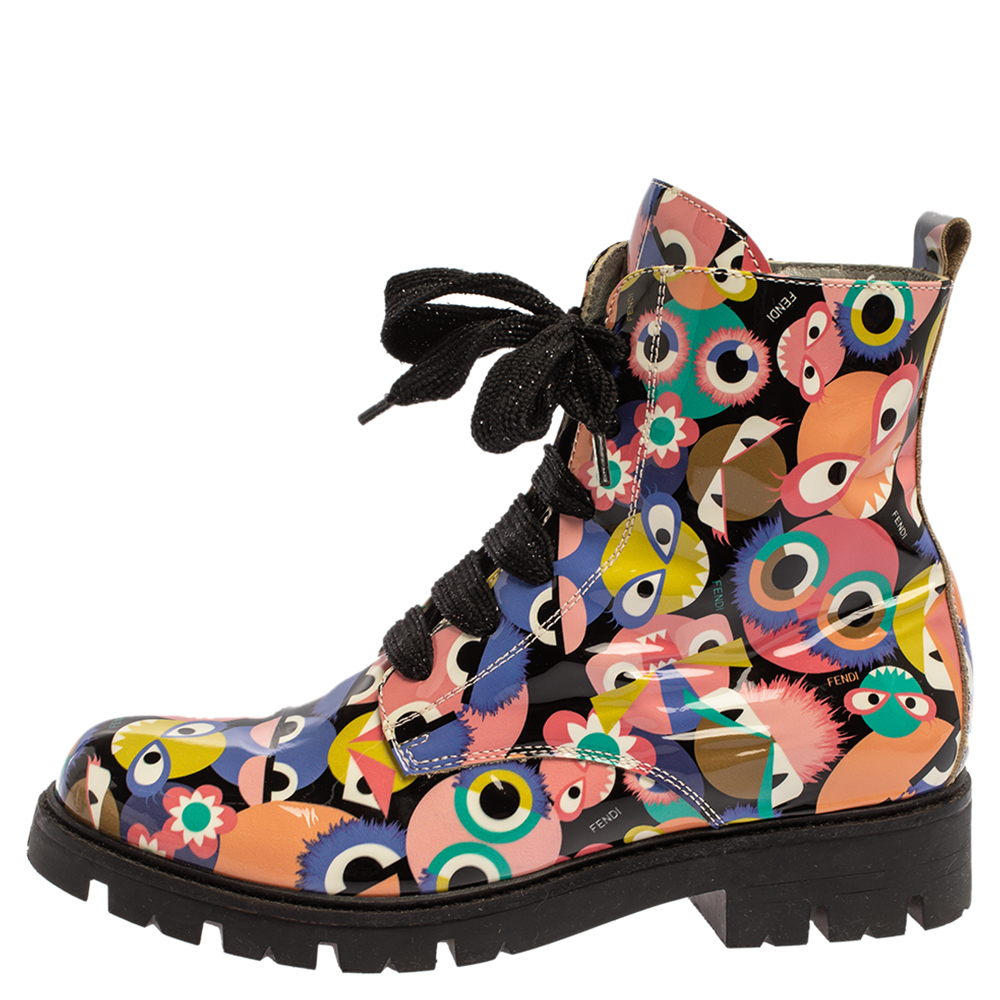 

Fendi Multicolor Bag Bugs Printed Patent Leather Combat Boots Size