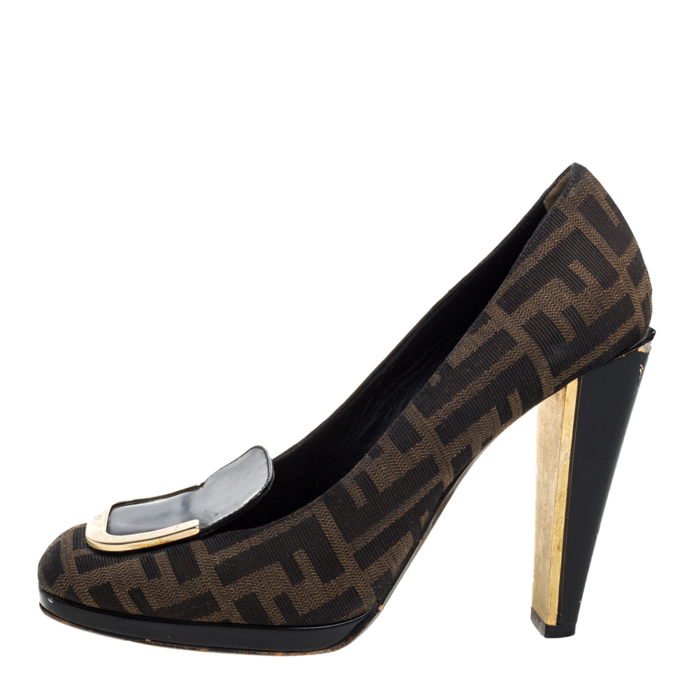 

Fendi Brown/Black Zucca Canvas And Patent Leather Square Toe Pumps Size