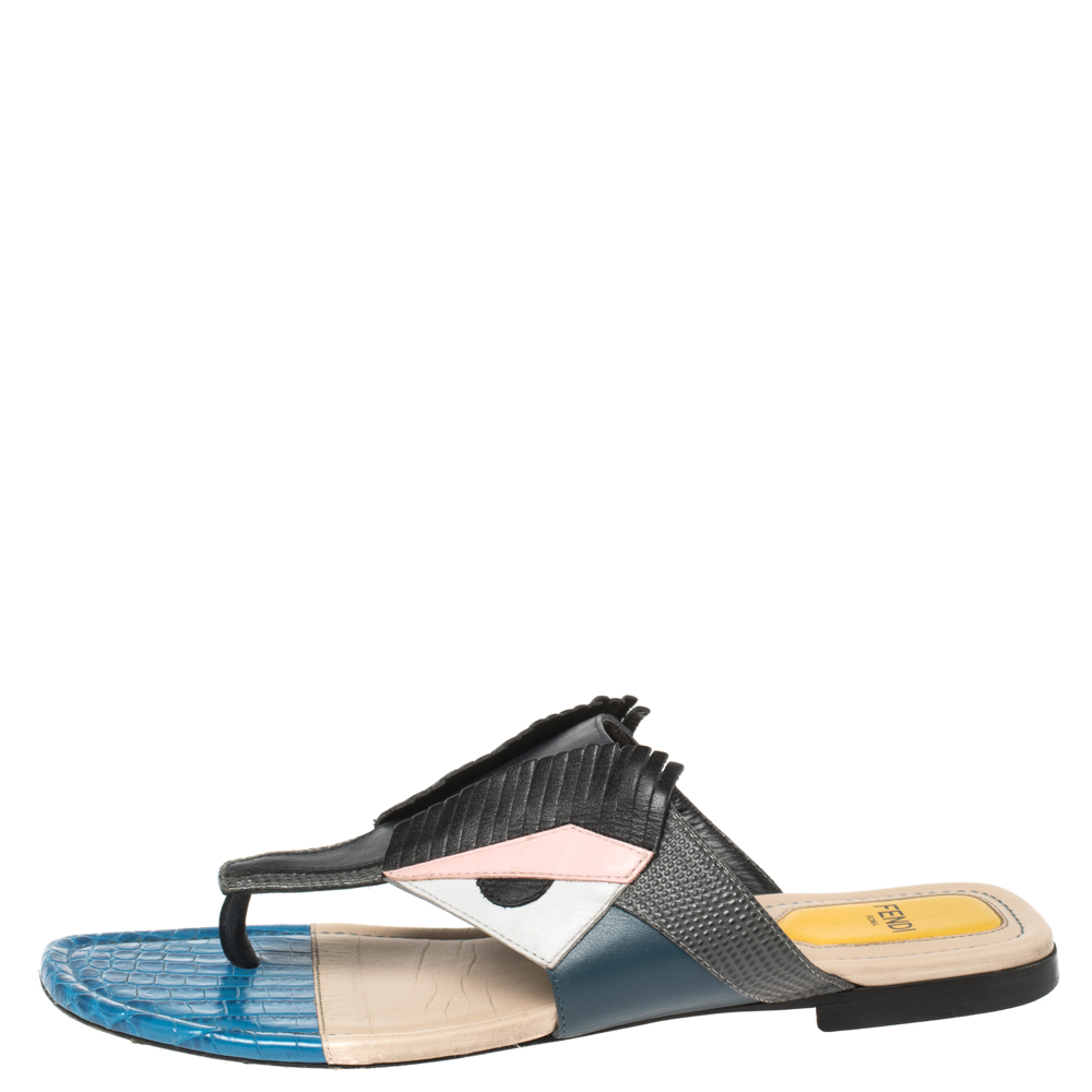 

Fendi Multicolor Bugs Paneled Leather Thong Sandals Size