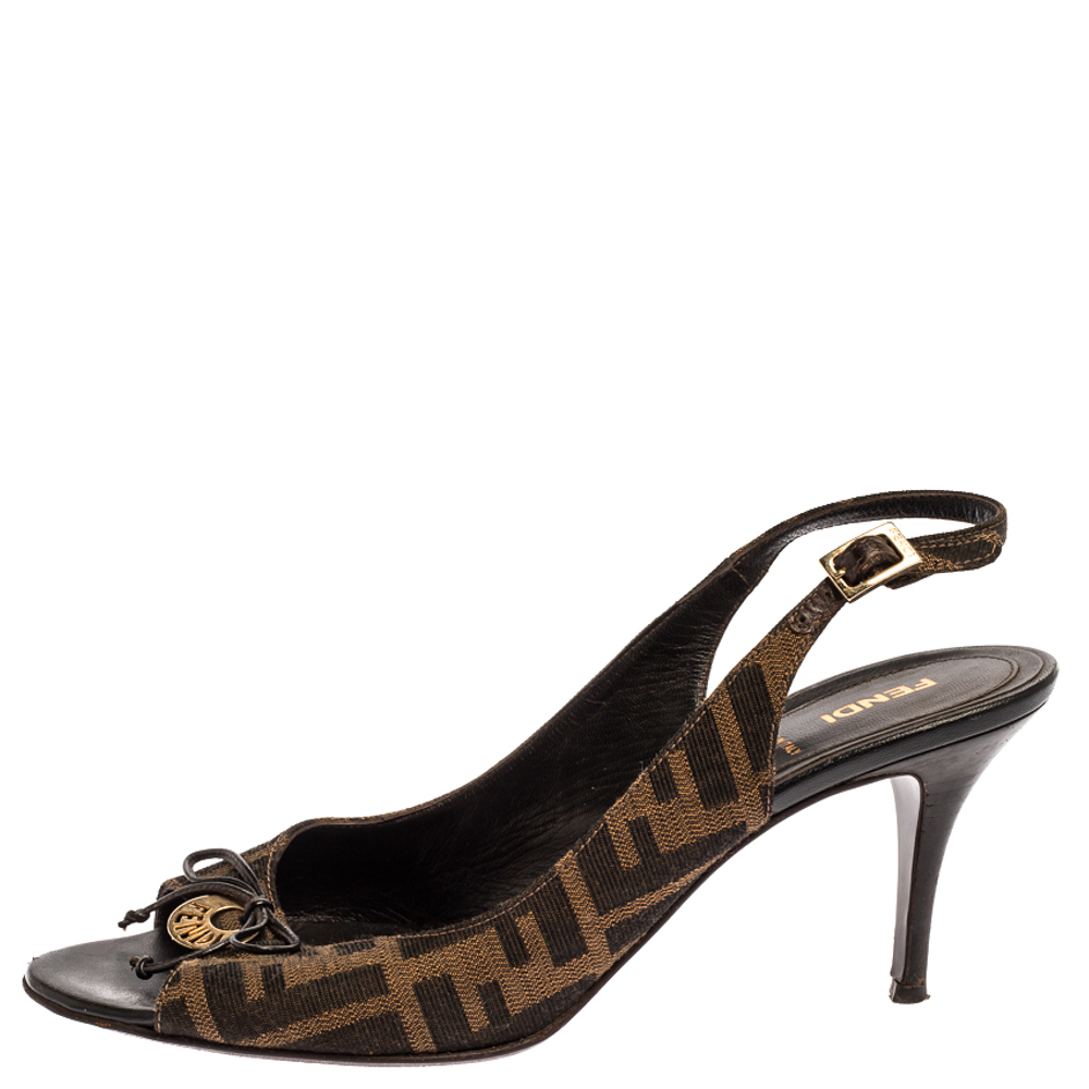 

Fendi Brown Zucca Canvas Slingback Sandals Size